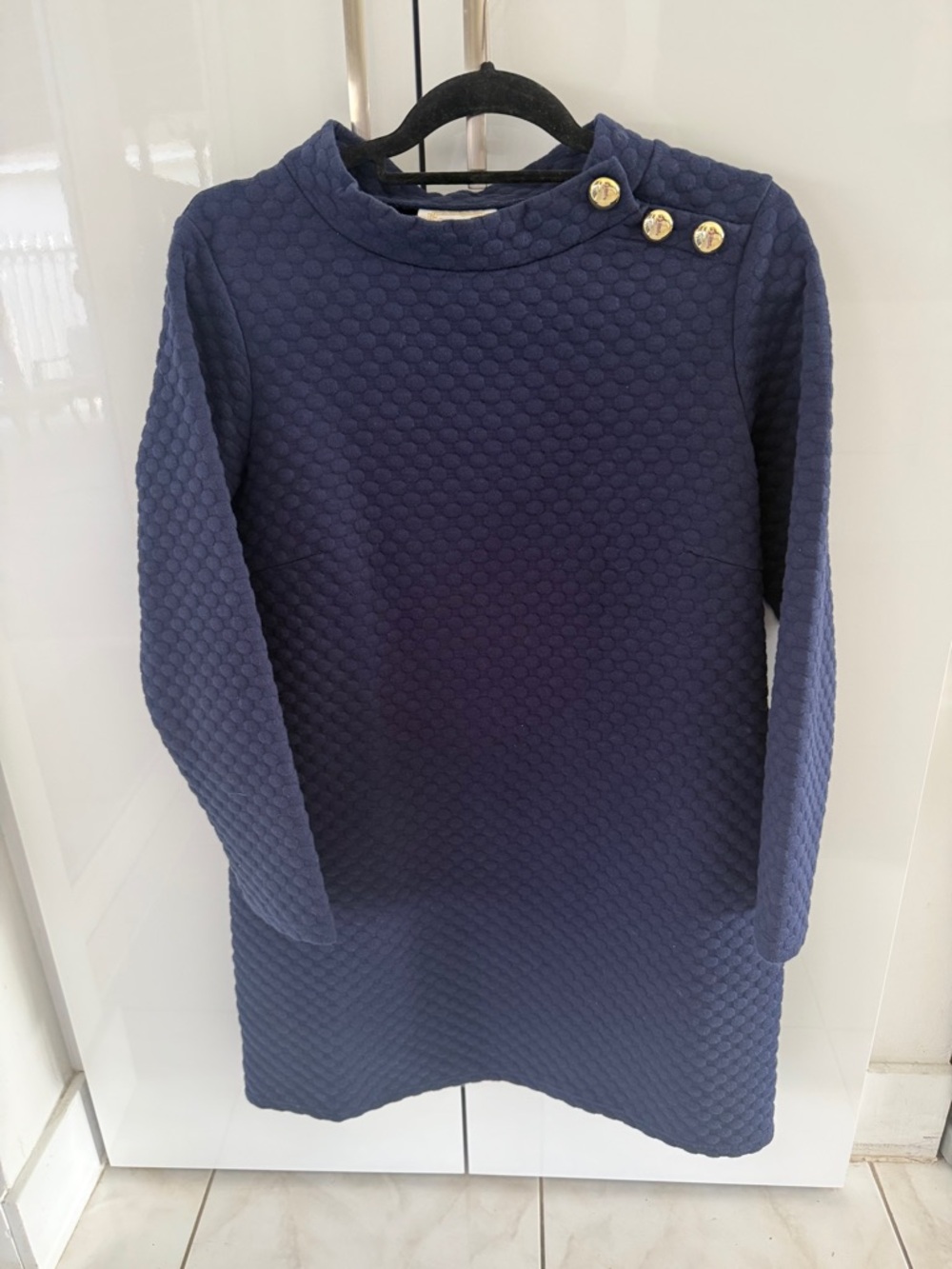 Sail to Sable Navy Quilted-Texture Dress with Gold Button Detail
